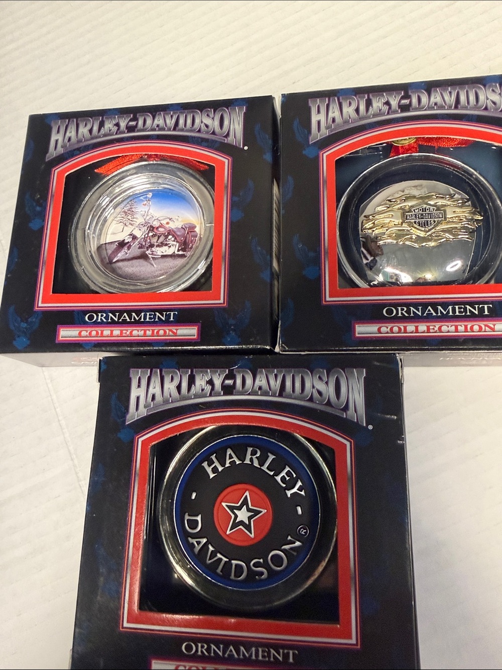 Harley-Davidson Blue, Red, Black Ornament Set
